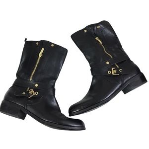 Marc Fisher Dolca Black Leather Decorative Zip & Buckle Moto Boots Size 8 1/2